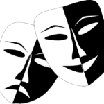 A graphic of the theatre masks of comedy and tragedy.
