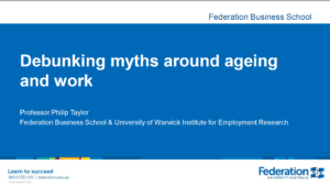 Blue background with white text. Title slide from Taylor's presentation about ageing, attitudes and stereotypes.