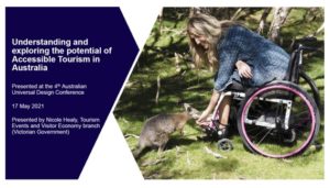 Header slide on accessible tourism showing a woman in a wheelchair bending down to feed a wallaby.