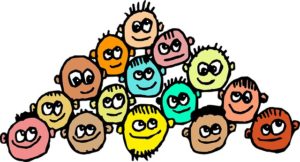 A hand-drawn graphic with faces of bright colours with big eyes. They are grouped in a bunch.