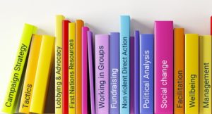 Brightly coloured books on a bookshelf with titles that represent social change.