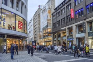A pedestrian zone in a city street. Accessibility of public space.