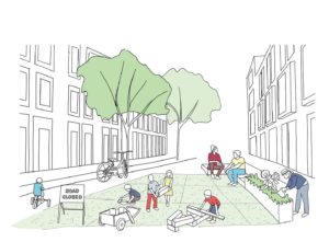 Line drawing by Natalia Krysiak showing children playing in a street in Cities People Love article.r