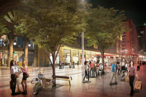 Artist impression of evening in George Street Sydney showing a shared street. 