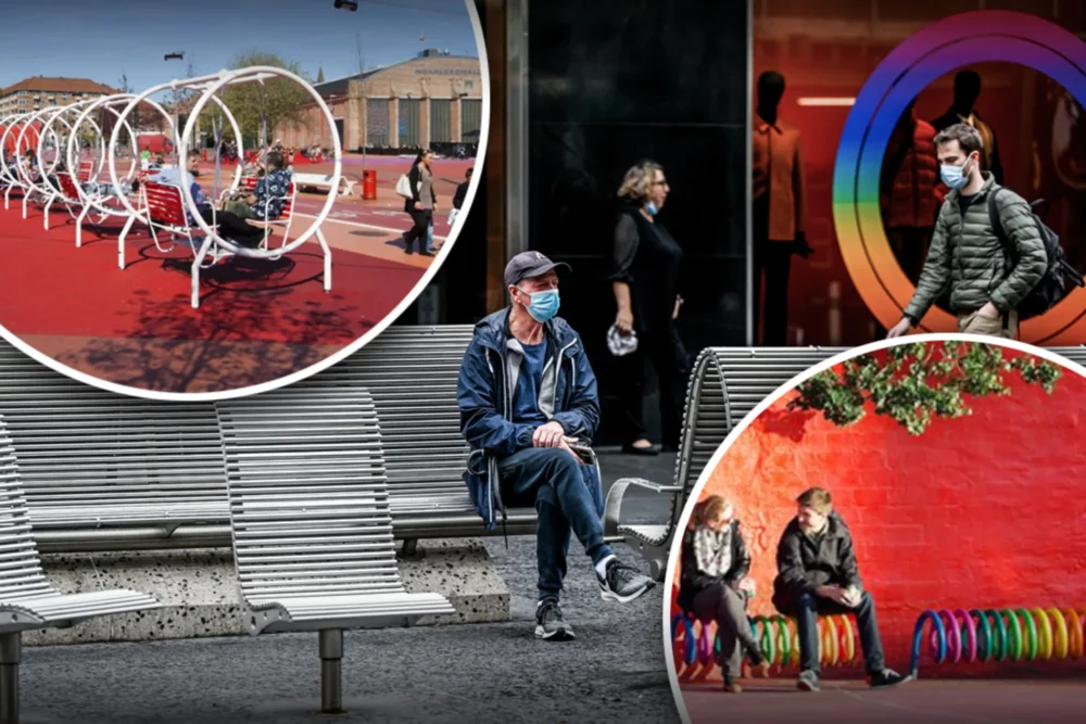 A collage of seating types in Bourke Street Mall, Melbourne.