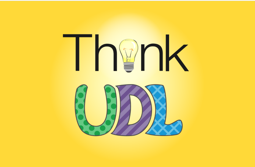 A bright yellow background with the words Think UDL.
