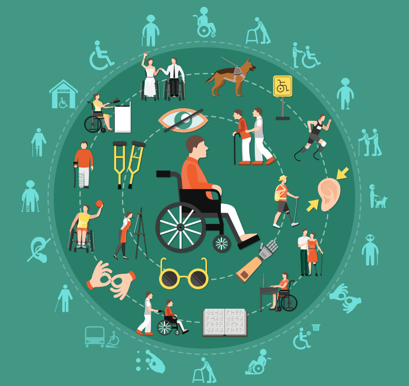 Circular graphic showing many different icons related to disability.