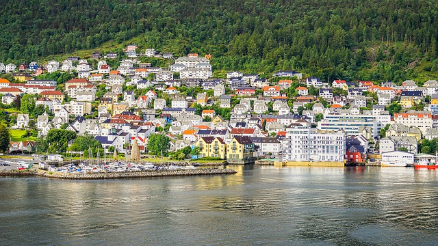 A town nestling on the edge of a fjord with houses reaching up the hill. Nordic housing. 