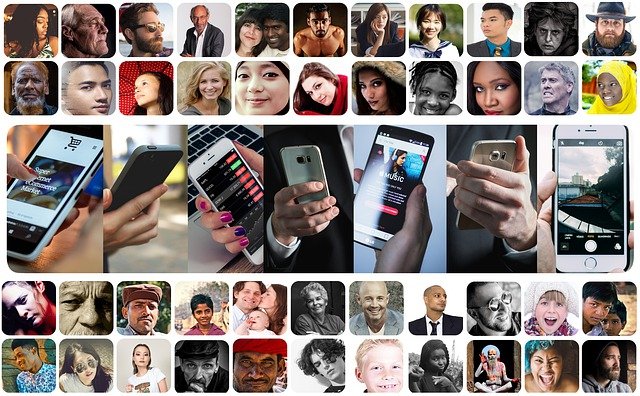 A collage of faces from around the world and pictures of smartphones. co-design for the digital world.