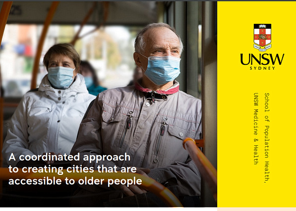 Front page of the Policy Brief showing a man and a woman on a bus wearing masks. Age friendly cities.