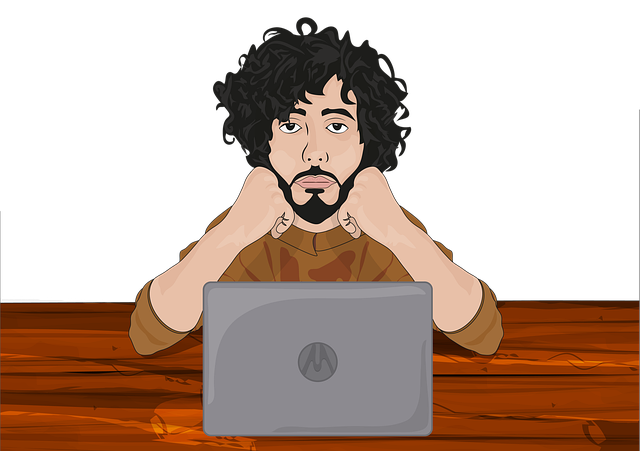 A drawing of a man with curly black hair with his head in his hands in front of a laptop. He looks unhappy. Universal design and perfection.