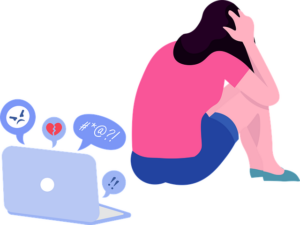 A drawing of a woman with her back turned to her laptop. She has her head in her hands signifying a mental health event.