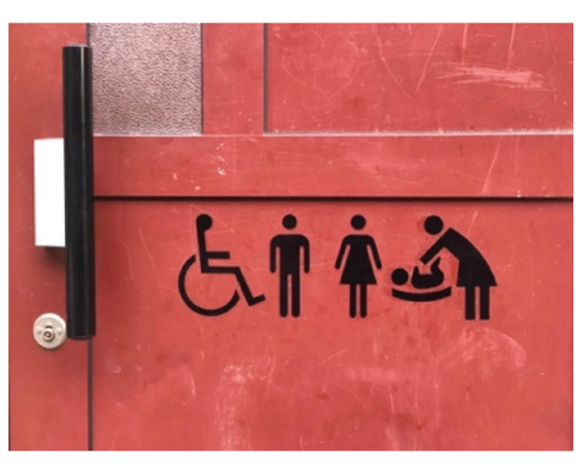 A toilet door sign with four icons: access, man, woman, baby change with a woman and a baby. 