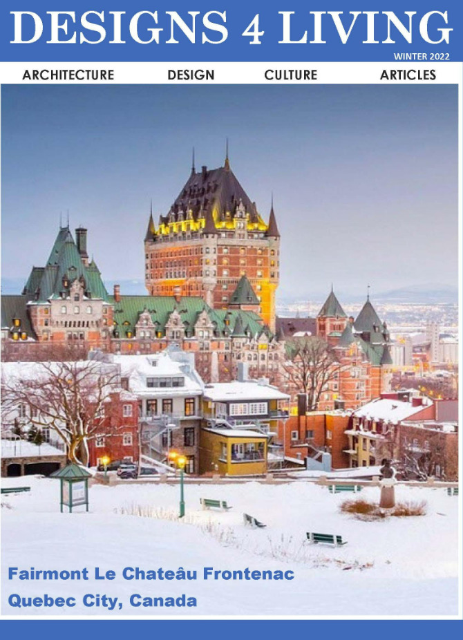 Designs for Living front cover showing the Fairmont Hotel in Quebec, Canada covered in a dusting of snow. 