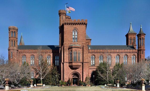 The original Smithsonian Institute in Washington DC. A red brick building in the centre of all the Smithsonian museums on the same site.