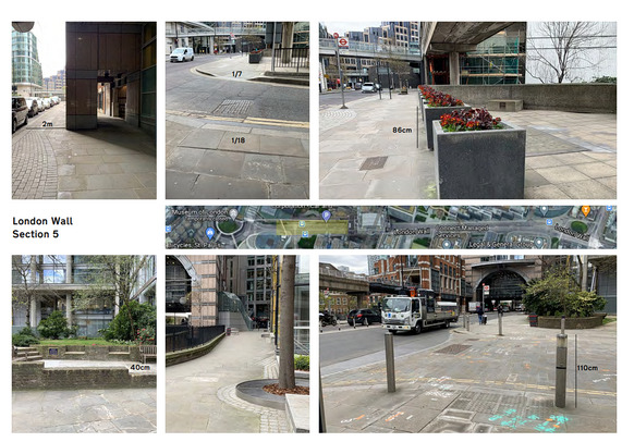 A page of photographs of a section of London Wall in the City of London Street Accessibility Tool.