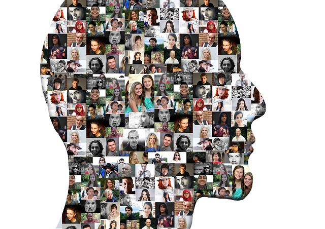 A human head shape with a montage of photos of many different people.