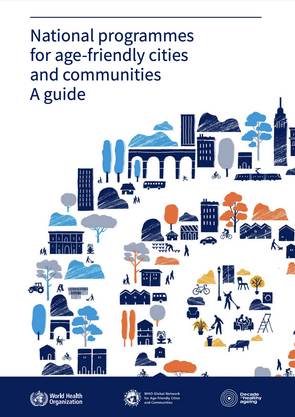 Front cover of the toolkit with lots of different icons depicting all the aspects of a community with trees, buildings, parks and people in an age friendly city.