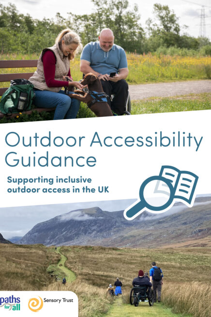 Front cover of the Outdoor Accessibility Guidance showing two pictures. One is a grassed walking trail in open country.The other is a woman on a bench seat with a man sitting in a wheelchair next to her.