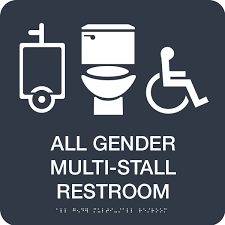 All gender restroom sign. Black background with white text and icons.
